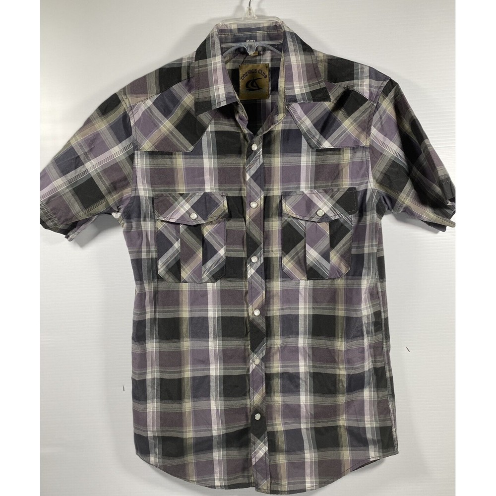 Coevals Club SS Pearl Snap Down 2 Pockets Blue/Purple/Gray Plaid Men's Size Sm